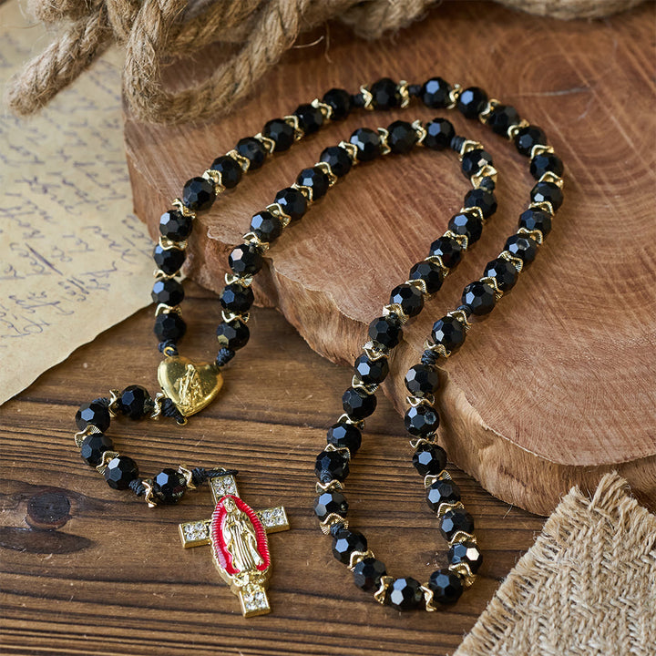 Christianartworkshop Chapelet élégant en verre noir facetté avec croix en émail rouge de la Vierge Marie - Notre-Dame du Rosaire - image 0