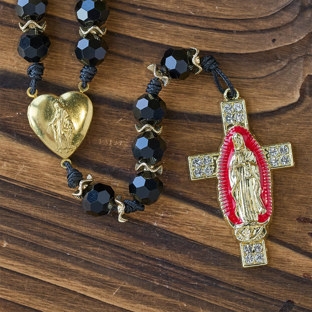 Christianartworkshop Chapelet élégant en verre noir facetté avec croix en émail rouge de la Vierge Marie - image 7