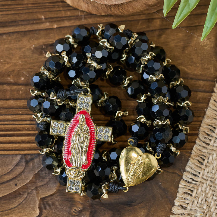 Christianartworkshop Chapelet élégant en verre noir facetté avec croix en émail rouge de la Vierge Marie - image 4