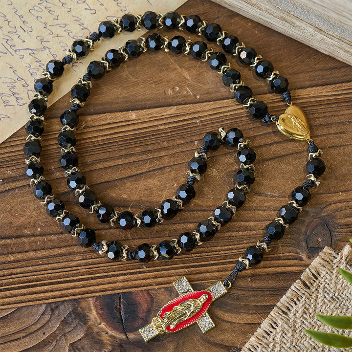 Christianartworkshop Chapelet élégant en verre noir facetté avec croix en émail rouge de la Vierge Marie - image 4