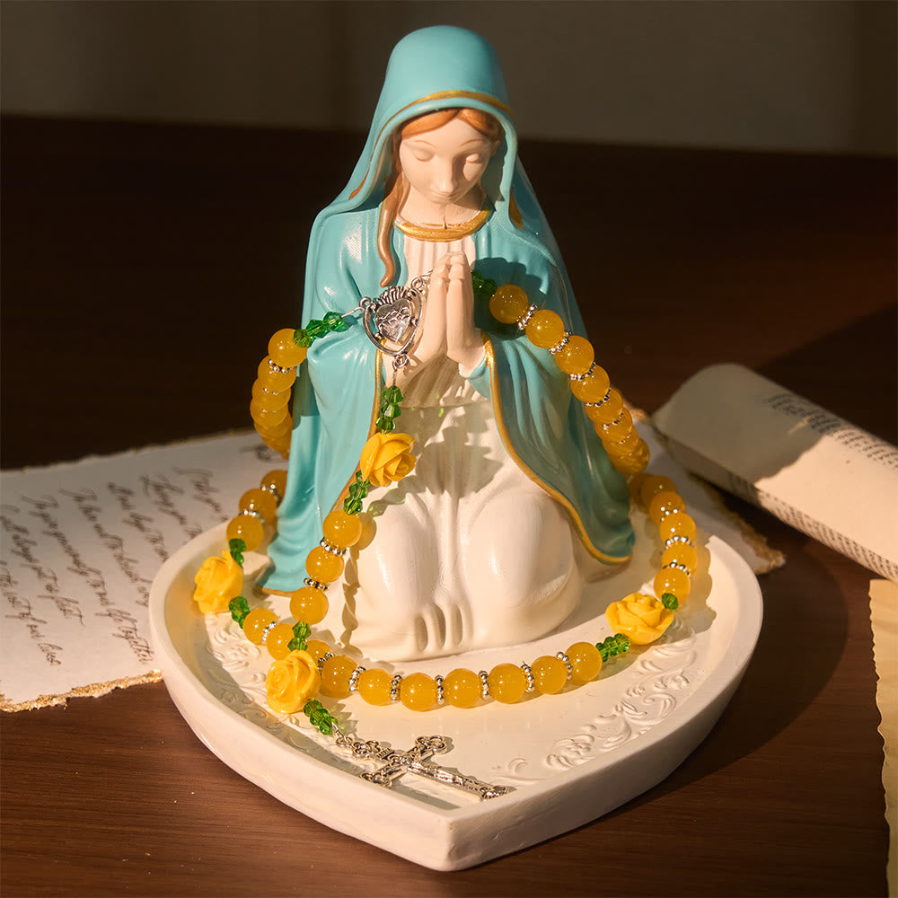 Chapelet de Pâques en perles de jade jaune et rose, orné d'une croix délicate, signé Christianartworkshop - image 5