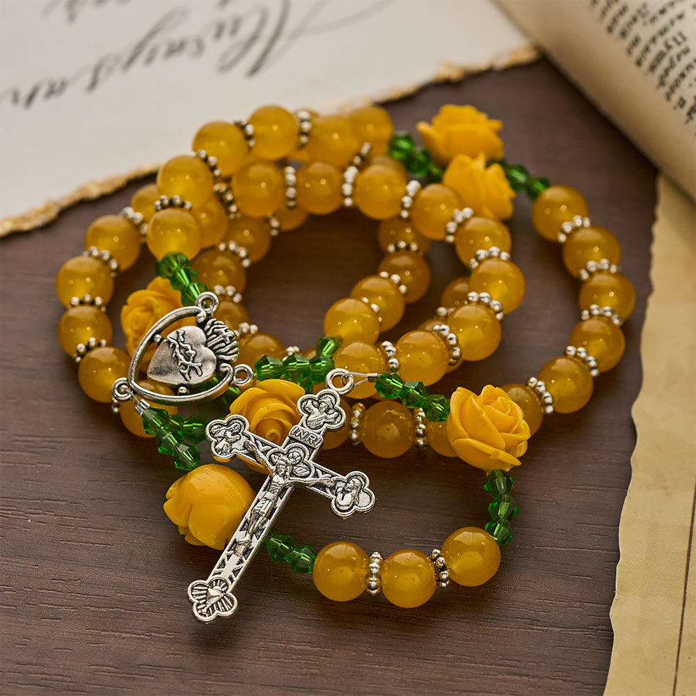 Chapelet de Pâques en perles de jade jaune et rose, orné d'une croix délicate, signé Christianartworkshop - image 6