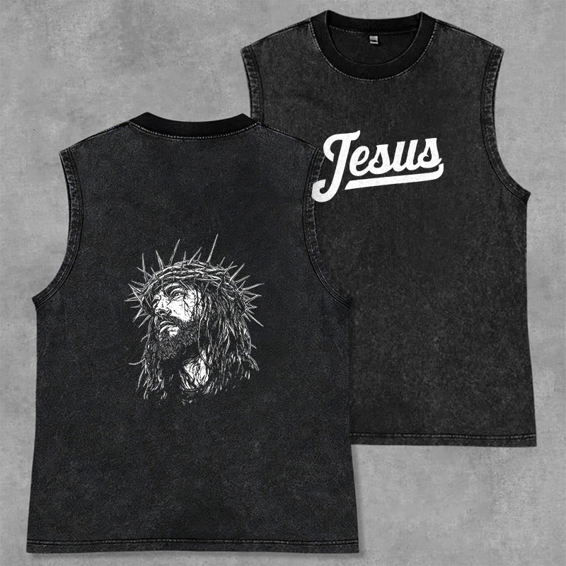 Christianartworkshop Jésus : Croquis de la Couronne d'Épines Débardeur unisexe délavé - Noir - 2XL - image 0