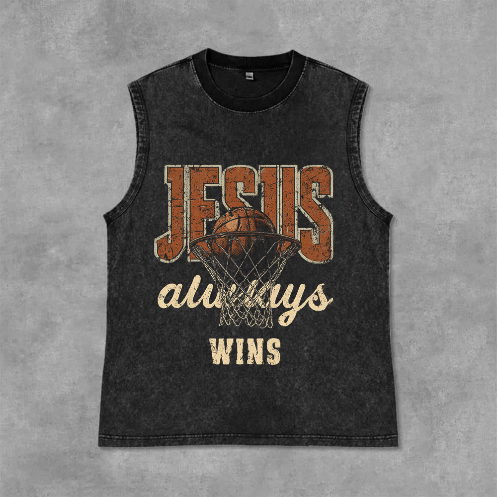 Débardeur unisexe délavé Christianartworkshop « Jésus gagne toujours au basket-ball » - Noir - 2XL - image 6
