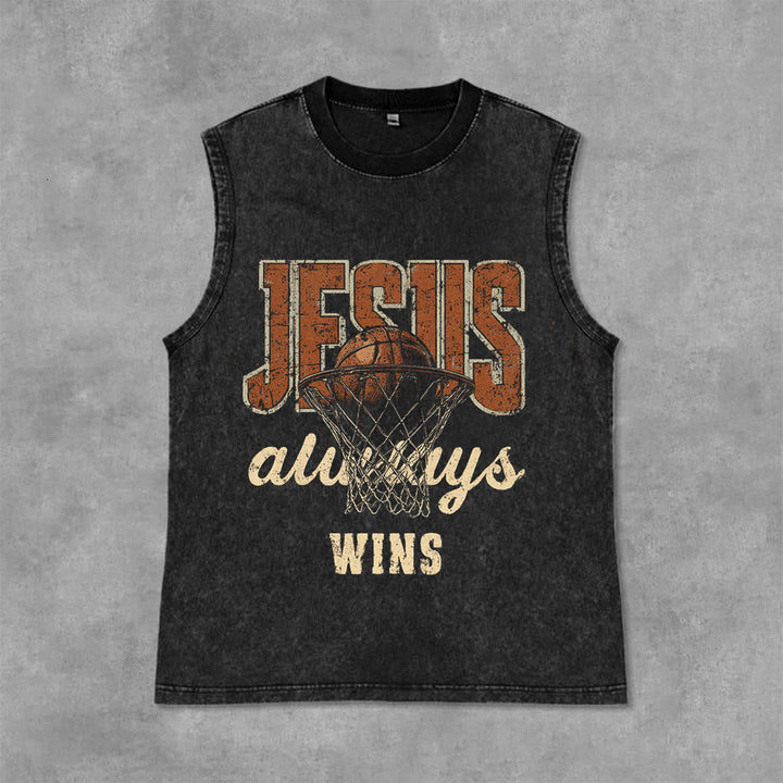 Débardeur unisexe délavé Christianartworkshop « Jésus gagne toujours au basket-ball » - Noir - 2XL - image 6