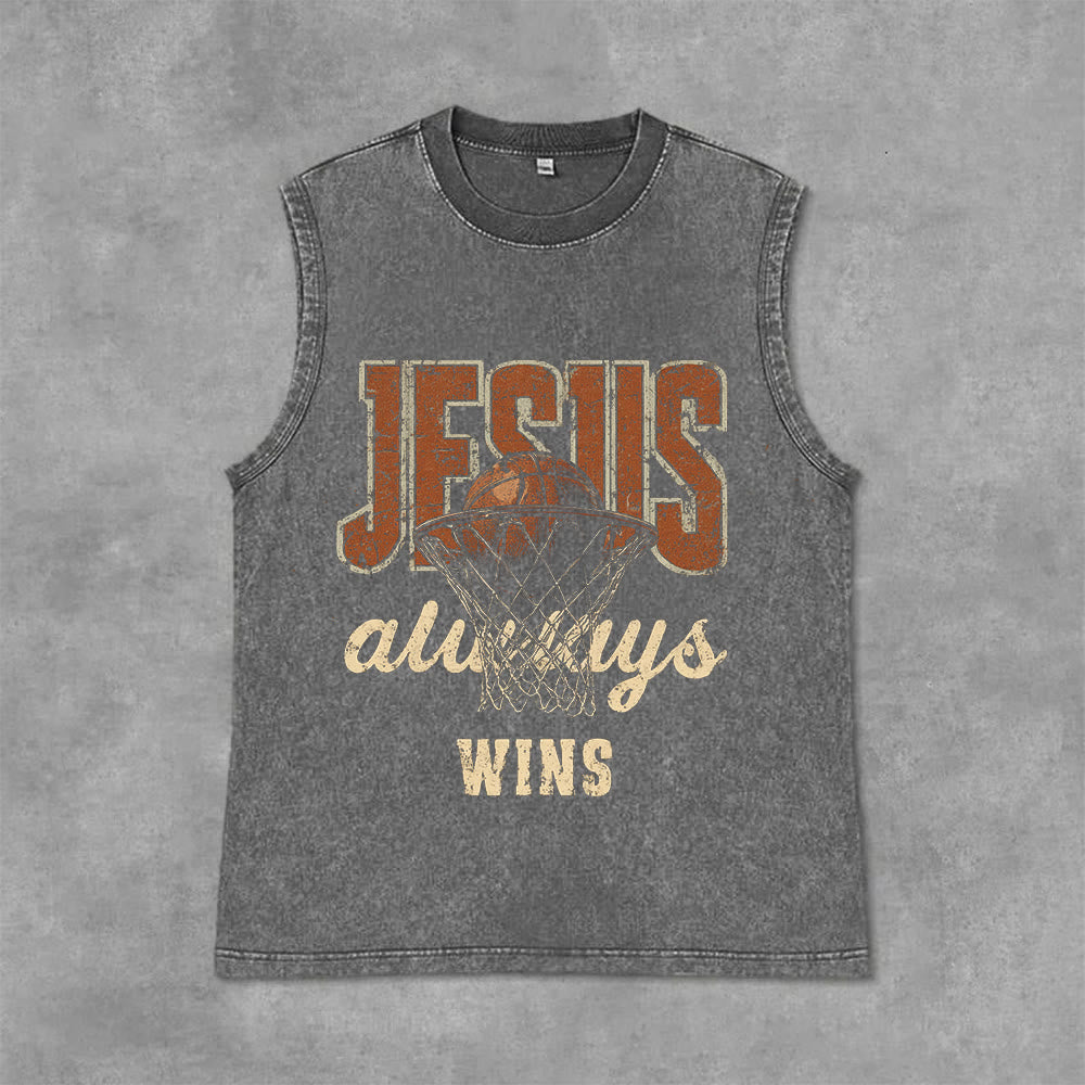 Débardeur unisexe délavé Christianartworkshop « Jésus gagne toujours au basket-ball » - Gris - 2XL - image 0
