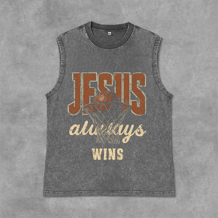 Débardeur unisexe délavé Christianartworkshop « Jésus gagne toujours au basket-ball » - Gris - 2XL - image 0