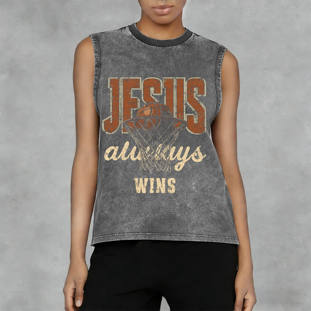 Débardeur unisexe délavé Christianartworkshop « Jésus gagne toujours au basket-ball » - image 2