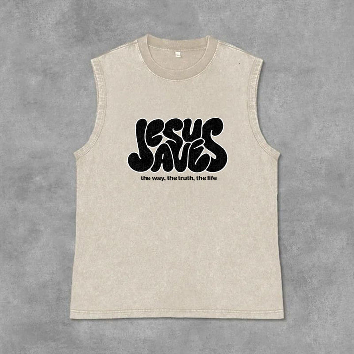 Christianartworkshop Débardeur unisexe rétro délavé « Jésus sauve » - Beige - 2XL - image 0