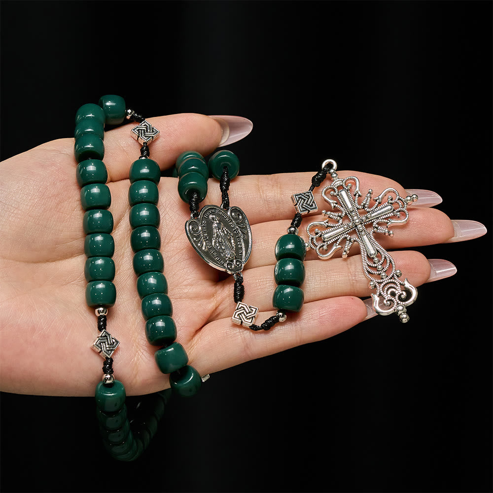 Christianartworkshop Chapelet vert olive à motif celtique vintage avec crucifix en argent vintage - image 1