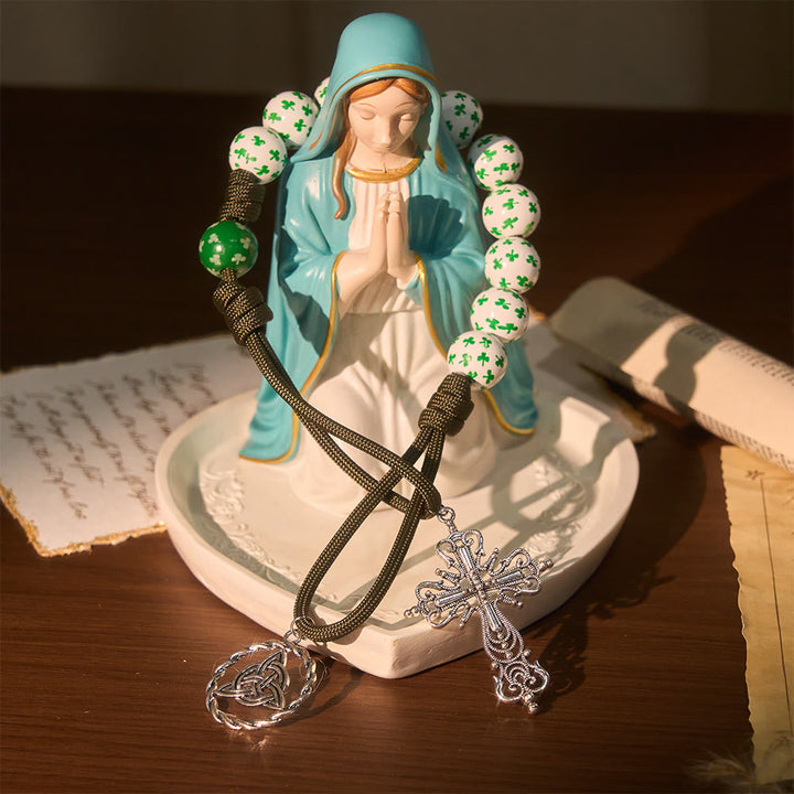 Christianartworkshop Chapelet de poche irlandais « Bénédiction et Foi Chanceuses » avec nœud éternel et perles en bois vert et blanc - image 6