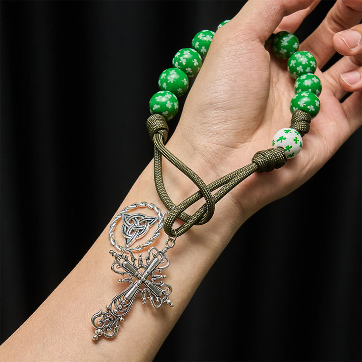 Christianartworkshop Chapelet de poche irlandais « Bénédiction et Foi Chanceuses » avec nœud éternel et perles en bois vert et blanc - image 2