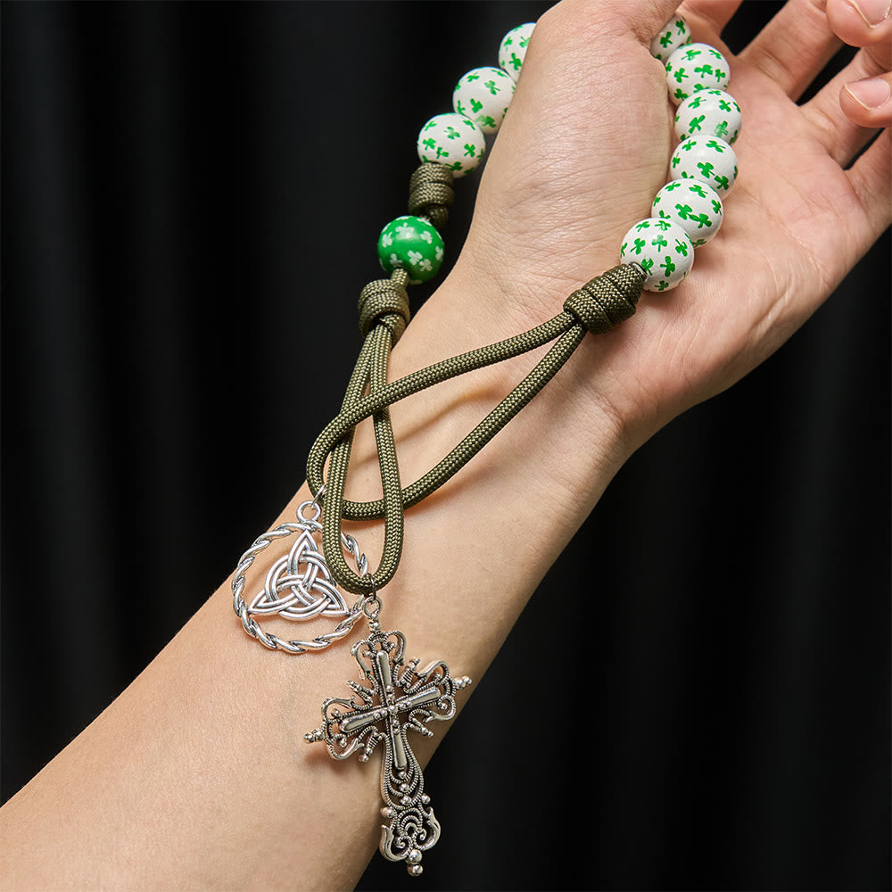 Christianartworkshop Chapelet de poche irlandais « Bénédiction et Foi Chanceuses » avec nœud éternel et perles en bois vert et blanc - image 1
