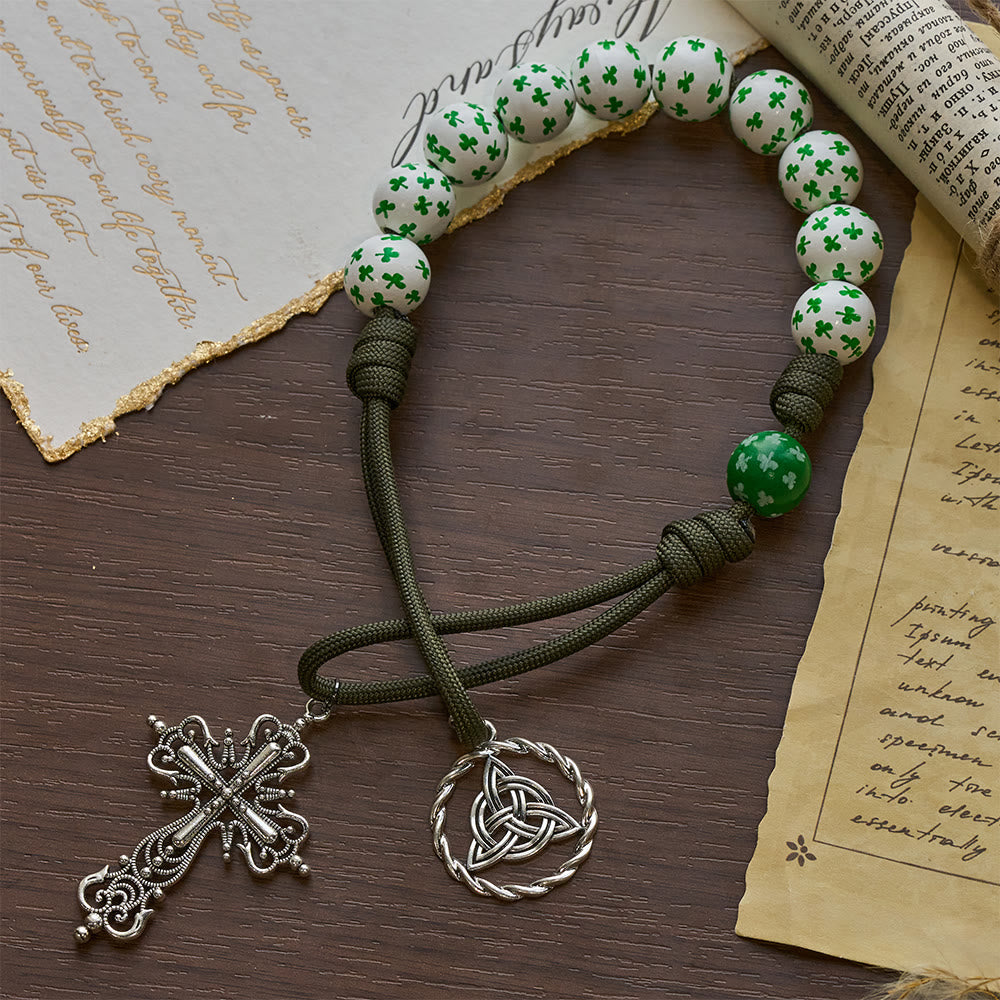 Christianartworkshop Chapelet de poche irlandais « Bénédiction et Foi Chanceuses » avec nœud éternel et perles en bois vert et blanc - image 5