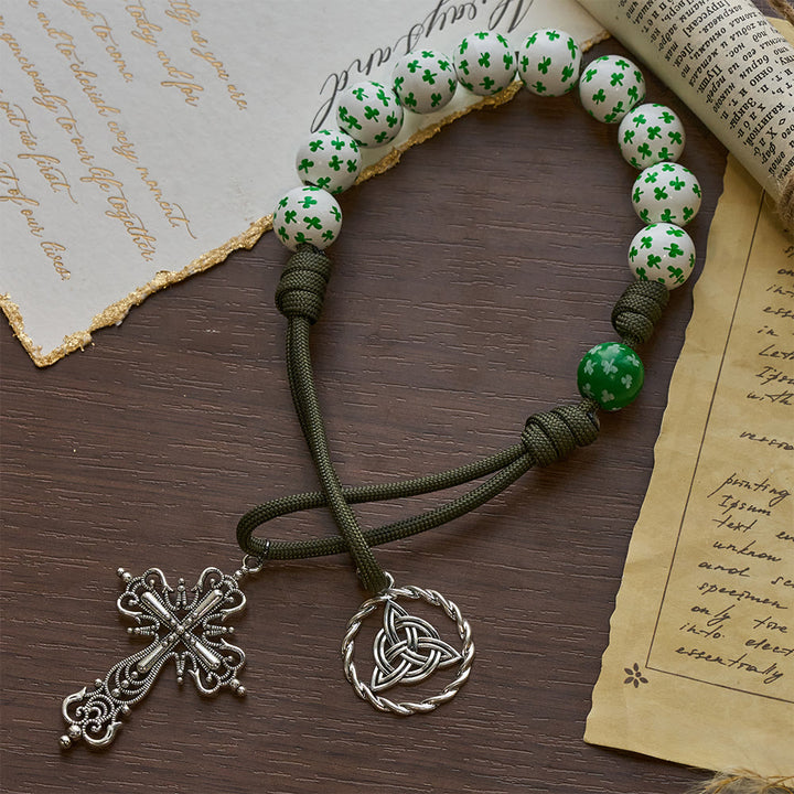Christianartworkshop Chapelet de poche irlandais « Bénédiction et Foi Chanceuses » avec nœud éternel et perles en bois vert et blanc - image 5