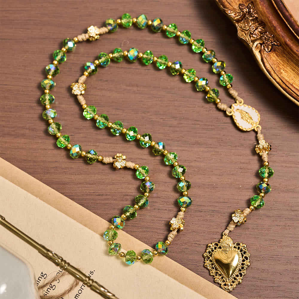 Christianartworkshop Chapelet Trèfle à quatre feuilles et Sacré-Cœur avec perles vertes irisées et médaille du Sacré-Cœur - image 4