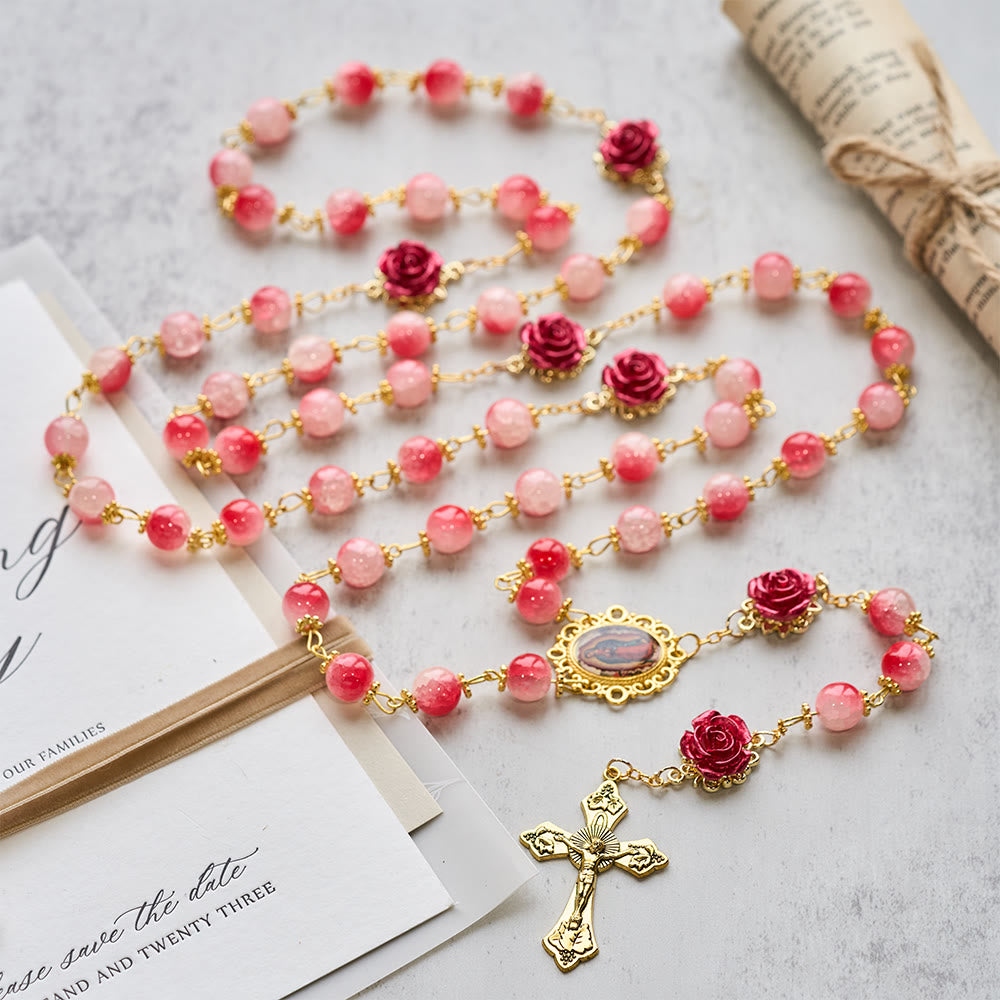 Christianartworkshop Chapelet en verre rouge et blanc dégradé et rose sculptée avec crucifix doré - image 3