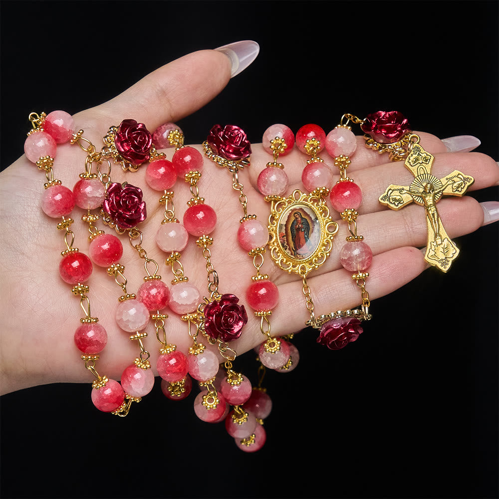 Christianartworkshop Chapelet en verre rouge et blanc dégradé et rose sculptée avec crucifix doré - image 1