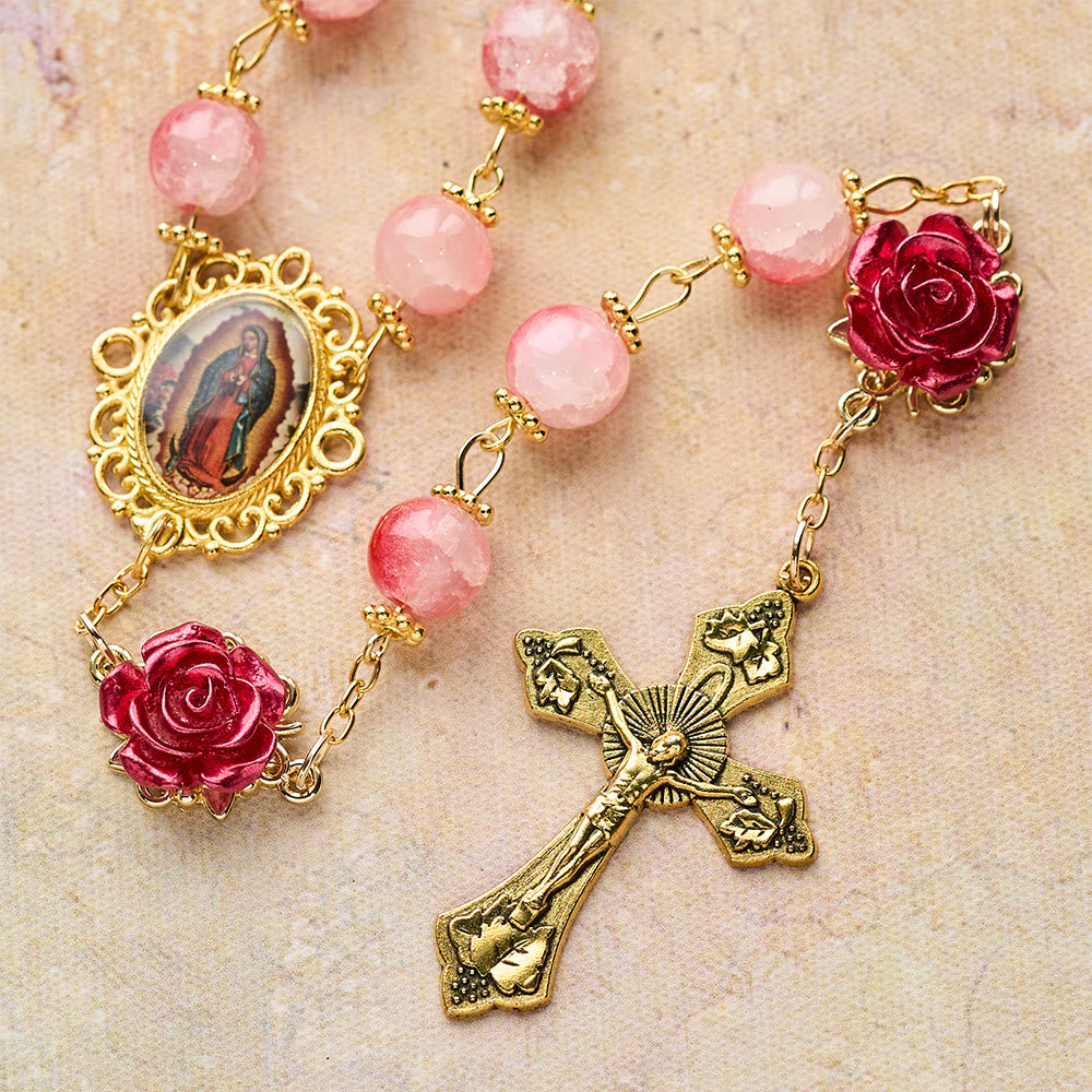 Christianartworkshop Chapelet en verre rouge et blanc dégradé et rose sculptée avec crucifix doré - image 7