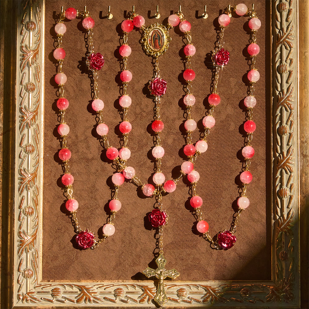 Christianartworkshop Chapelet en verre rouge et blanc dégradé et rose sculptée avec crucifix doré - image 2