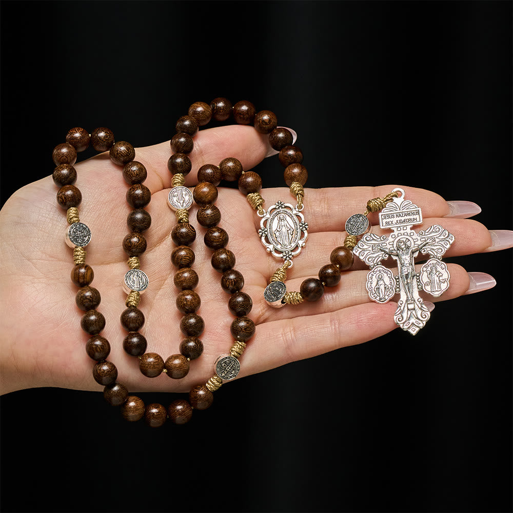 Christianartworkshop Chapelet ancien en bois d'Amboine avec saint Benoît comme gardien - image 1