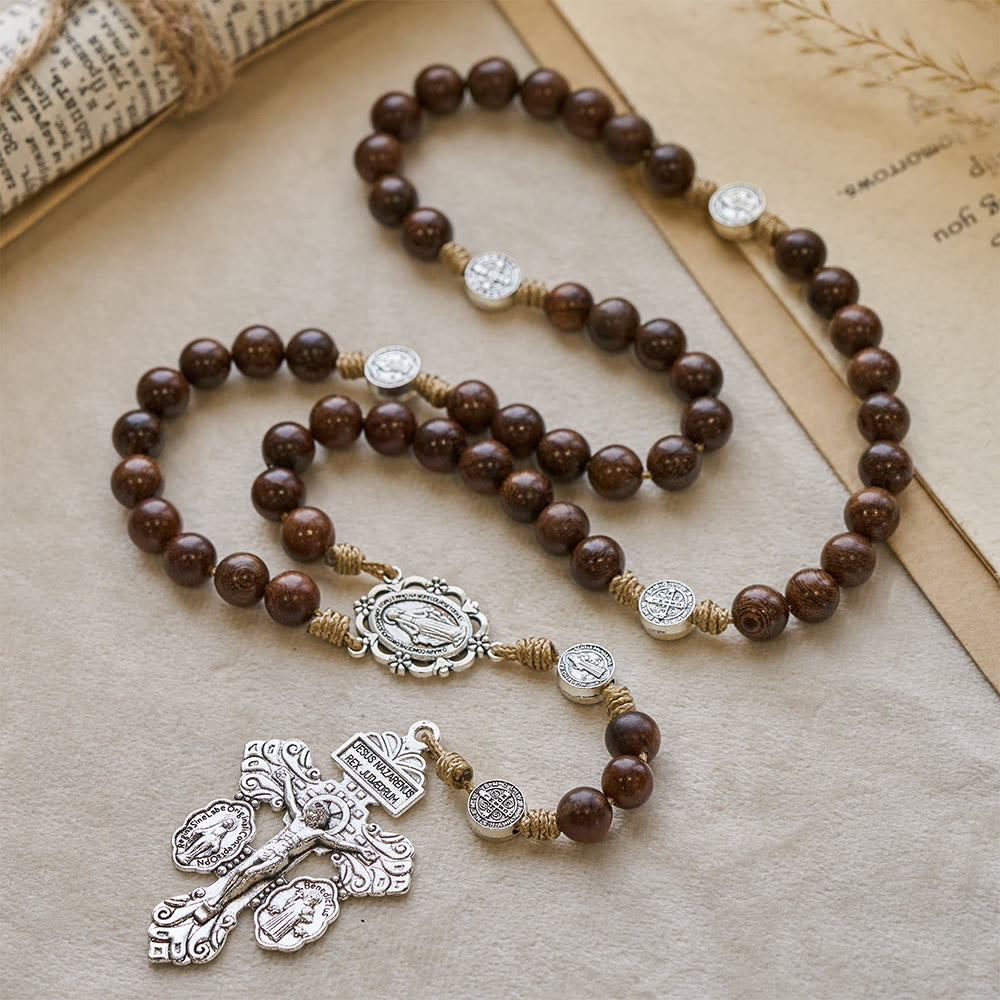 Christianartworkshop Chapelet ancien en bois d'Amboine avec saint Benoît comme gardien - image 2