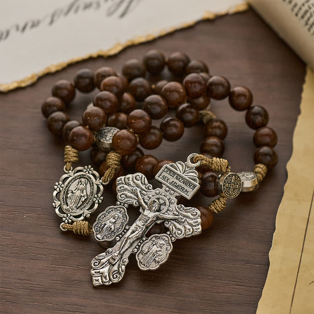 Christianartworkshop Chapelet ancien en bois d'Amboine avec saint Benoît comme gardien - image 5