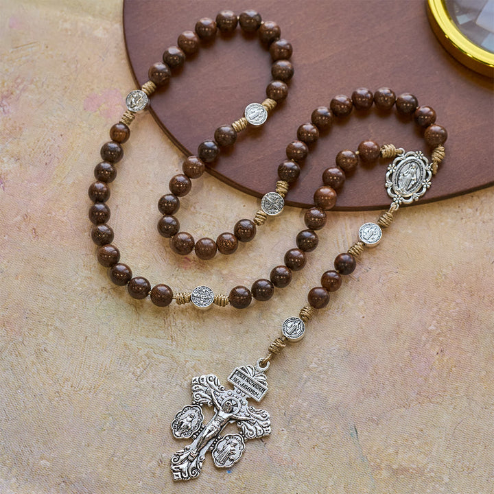 Christianartworkshop Chapelet ancien en bois d'Amboine avec saint Benoît comme gardien - image 3
