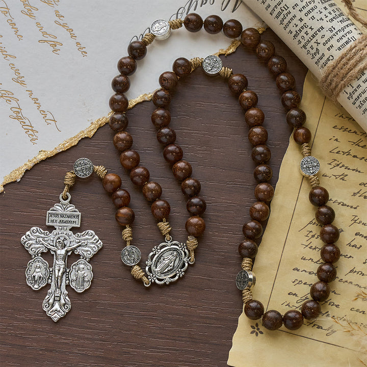 Christianartworkshop Chapelet ancien en bois d'Amboine avec saint Benoît comme gardien - image 4