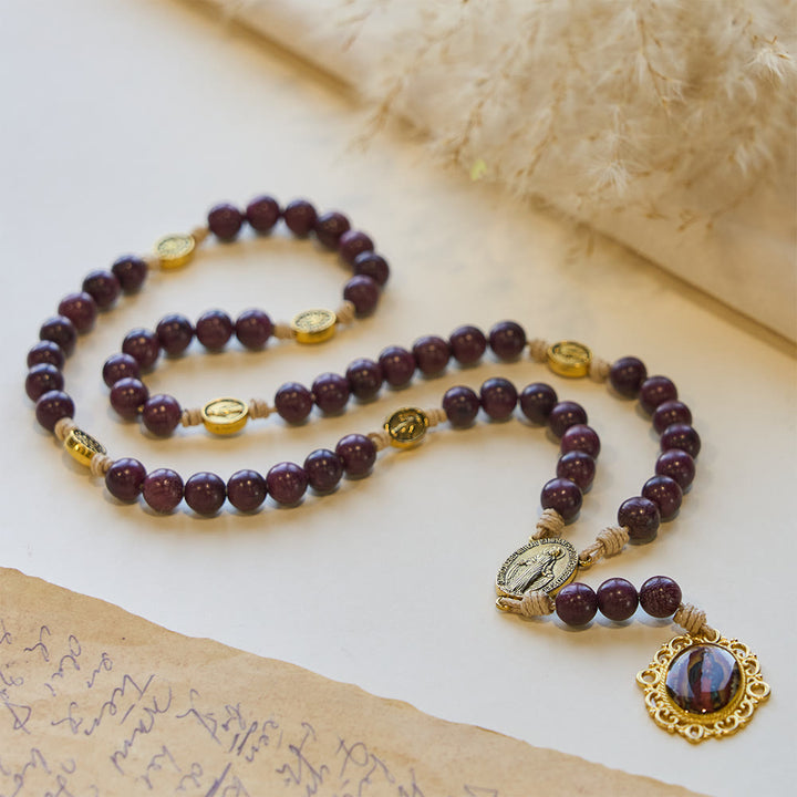 Christianartworkshop Chapelet Notre-Dame des Douleurs en bois de bois violet avec médaille ancienne - image 2
