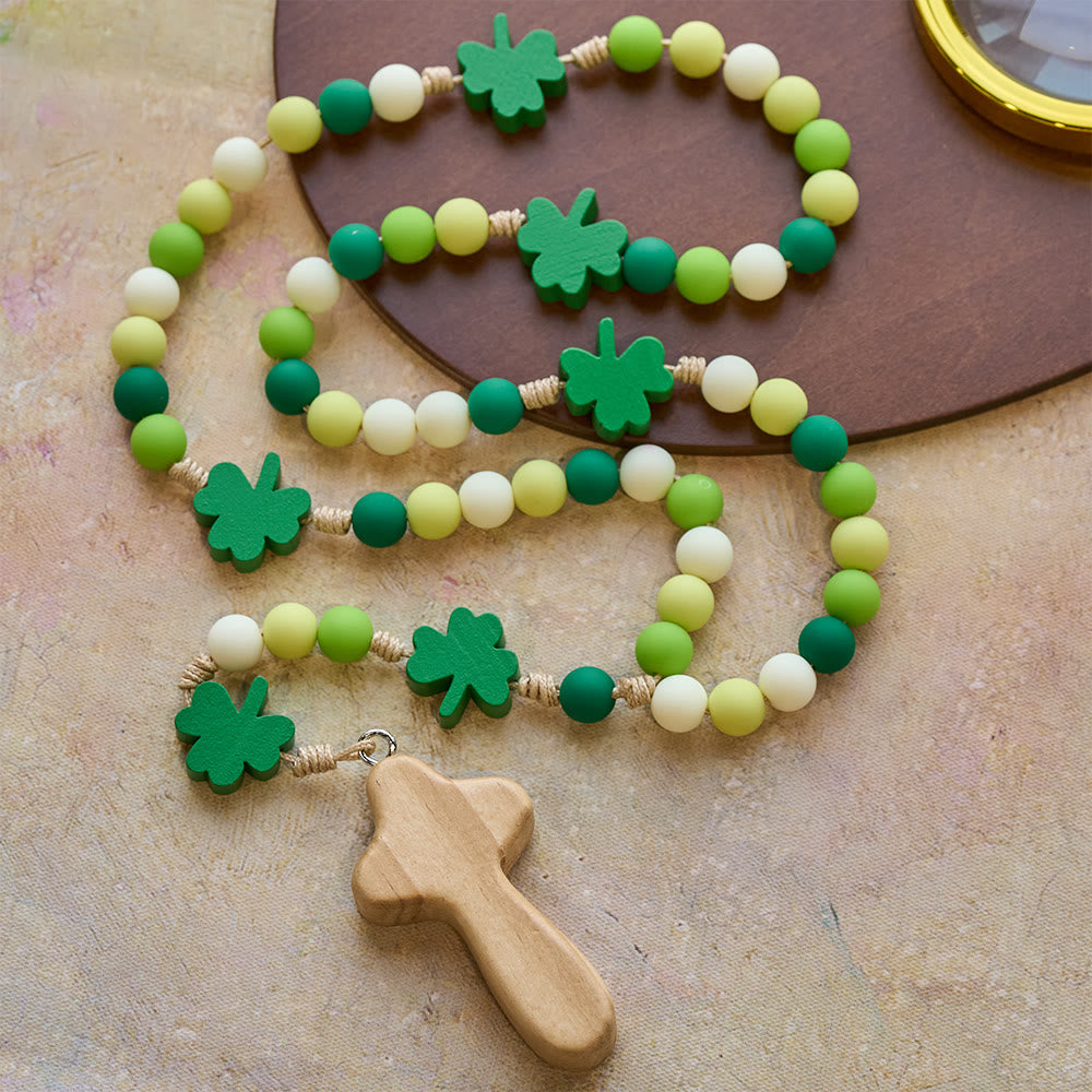 Christianartworkshop Chapelet Saint-Patrick pour enfants : perles dégradées avec trèfle et croix en bois - Chapelet de la Saint-Patrick pour enfants - image 0