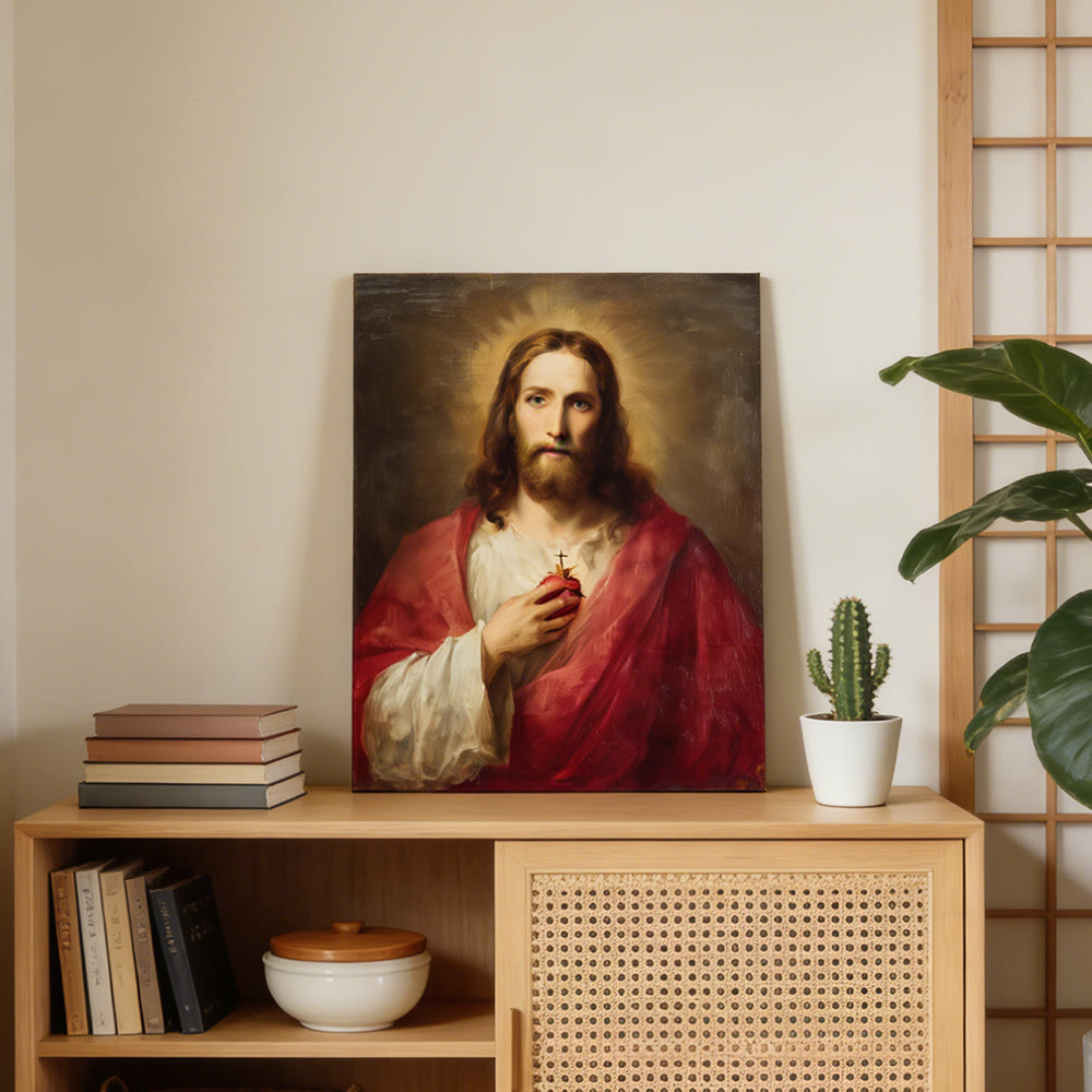 Christianartworkshop Affiche murale du Sacré-Cœur de Jésus : Symbole de l’amour divin et de la rédemption - Tableau sur toile encadré - 11,81 po × 15,75 po × 0,71 po / 30 × 40 × 1,8 cm - image 0