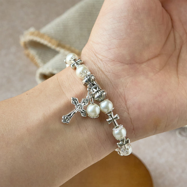 Christianartworkshop Bracelet à perles avec croix argentée : incarnez la grâce de la réflexion et de la prière - image 2