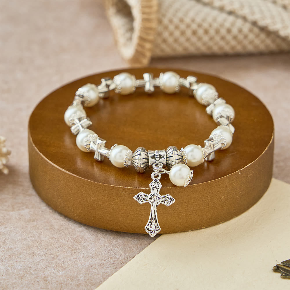 Christianartworkshop Bracelet à perles avec croix argentée : incarnez la grâce de la réflexion et de la prière - Blanc - image 0