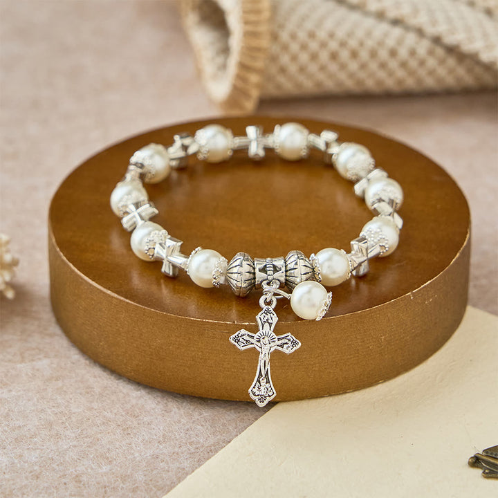 Christianartworkshop Bracelet à perles avec croix argentée : incarnez la grâce de la réflexion et de la prière - Blanc - image 0