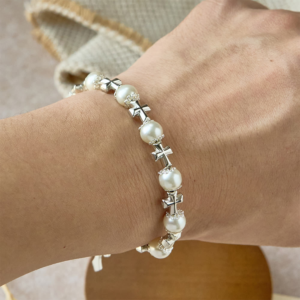 Christianartworkshop Bracelet à perles avec croix argentée : incarnez la grâce de la réflexion et de la prière - image 1