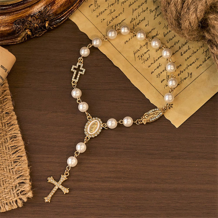 Chapelet élégant en perles blanches avec croix en zircon de Christianartworkshop : un symbole intemporel de dévotion et de grâce - image 0