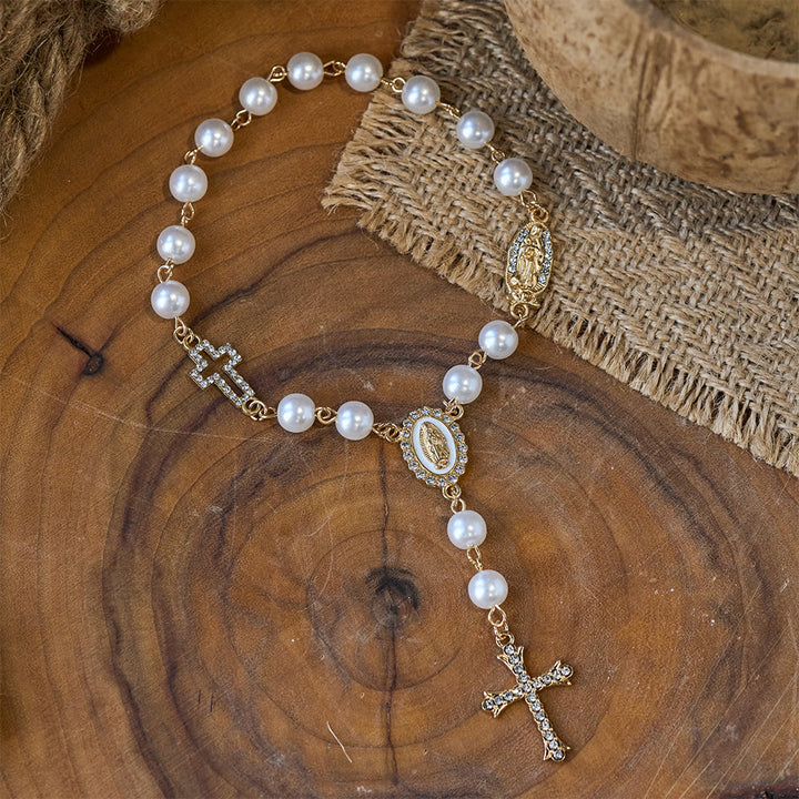 Chapelet élégant en perles blanches avec croix en zircon de Christianartworkshop : un symbole intemporel de dévotion et de grâce - image 1