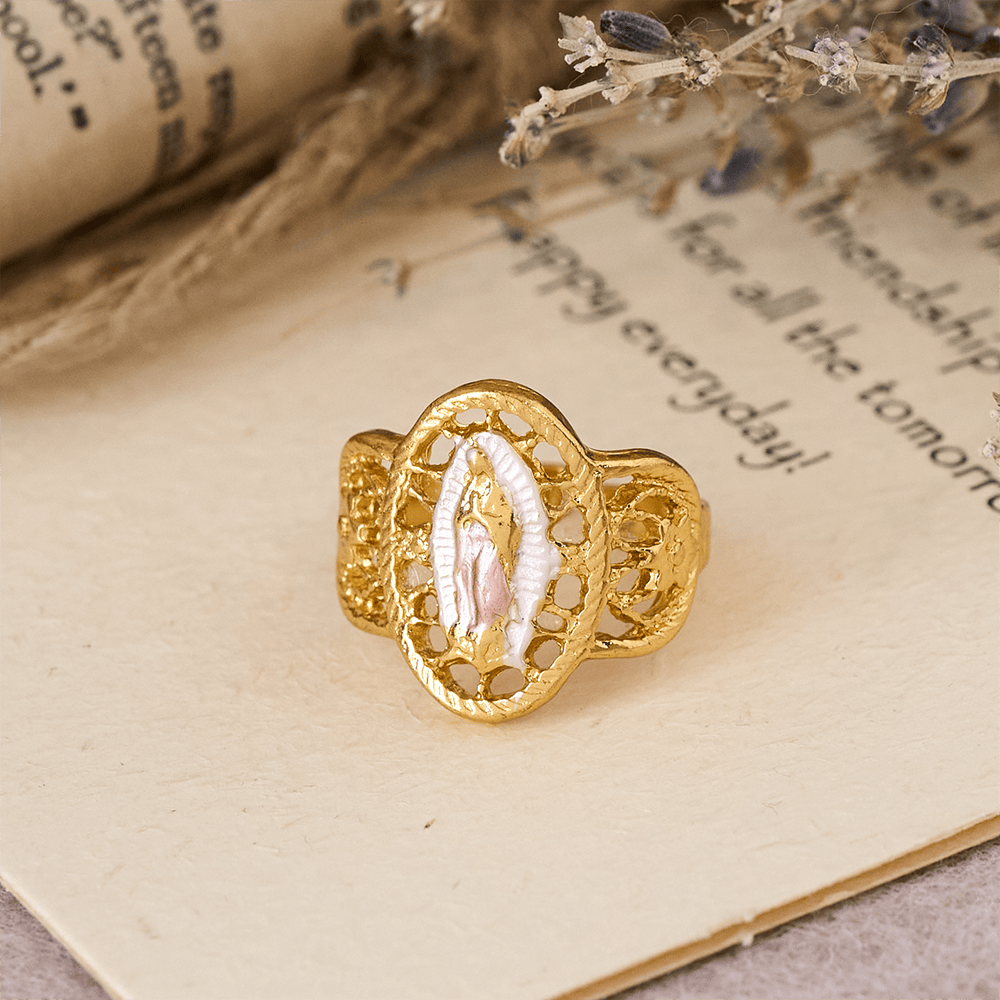 Christianartworkshop Bague ajourée ornée Notre-Dame : Trois variations de couleurs pour une dévotion intemporelle - Rose (Convient aux tailles américaines 6 à 9) - image 10