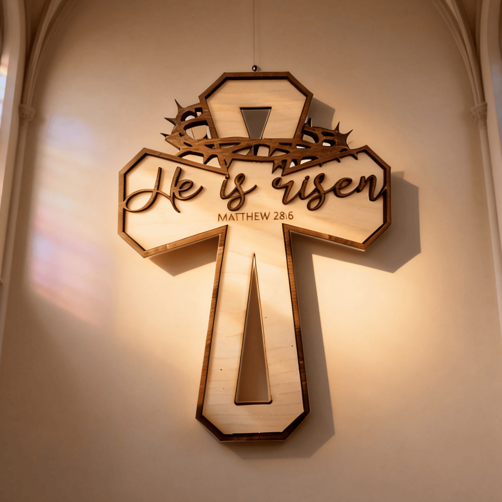 Christianartworkshop Décoration murale en forme de croix gravée, inspirée de Matthieu 28:6 et ornée d'une couronne d'épines : Célébrez la Résurrection - Croix - image 0