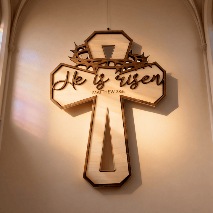 Christianartworkshop Décoration murale en forme de croix gravée, inspirée de Matthieu 28:6 et ornée d'une couronne d'épines : Célébrez la Résurrection - Croix - image 0