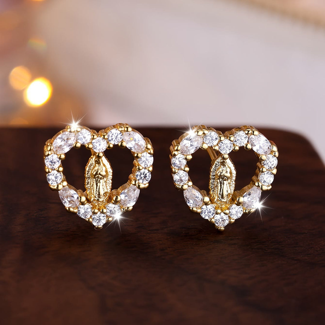 Christianartworkshop Boucles d'oreilles puces en forme de cœur à l'effigie de Notre-Dame : modèles en zircon coloré et en cristal étincelant - Blanc - image 0