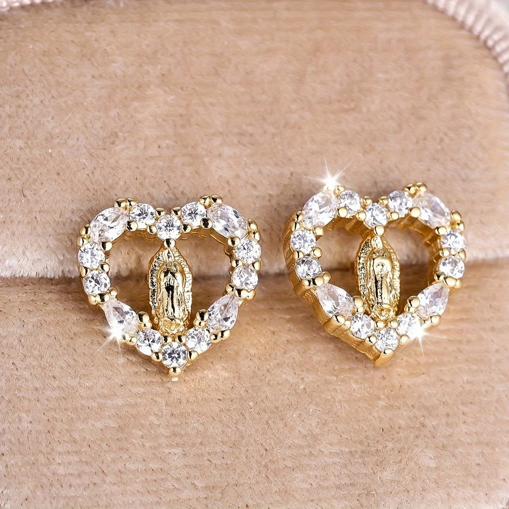 Christianartworkshop Boucles d'oreilles puces en forme de cœur à l'effigie de Notre-Dame : modèles en zircon coloré et en cristal étincelant - image 1