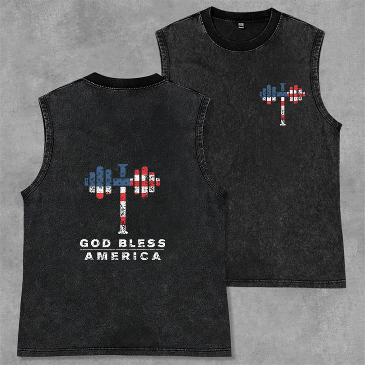 Christianartworkshop God Bless America Croix Haltère Débardeur unisexe lavé - Noir - 2XL - image 0