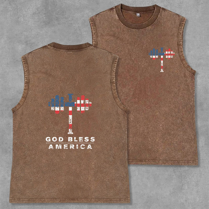 Christianartworkshop God Bless America Croix Haltère Débardeur unisexe lavé - Brun - 2XL - image 4