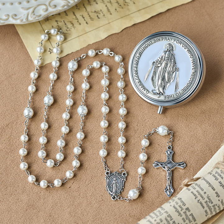 Christianartworkshop Chapelet de dévotion avec boîte de rangement : Médaille de Notre-Dame et crucifix pour la prière et la réflexion - Blanc - image 6