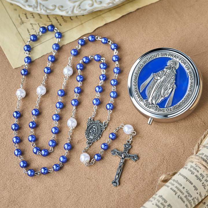 Christianartworkshop Chapelet de dévotion avec boîte de rangement : Médaille de Notre-Dame et crucifix pour la prière et la réflexion - Bleu - image 0