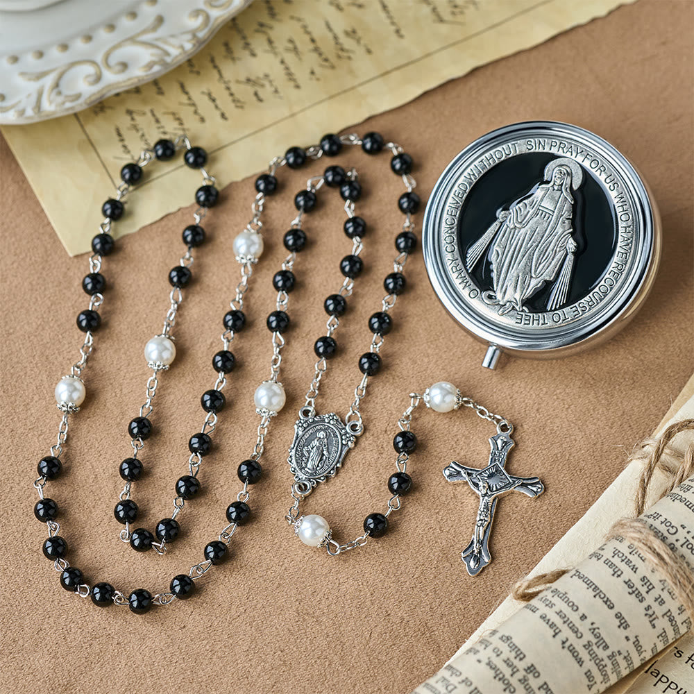 Christianartworkshop Chapelet de dévotion avec boîte de rangement : Médaille de Notre-Dame et crucifix pour la prière et la réflexion - Noir - image 9