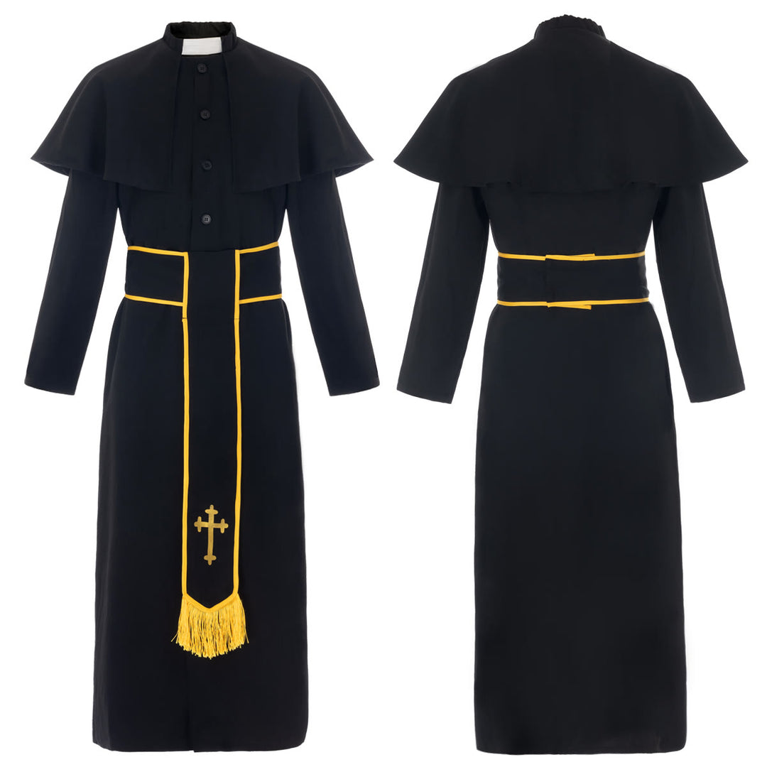 Christianartworkshop Robe de clergé noire de style médiéval avec ceinture à pompon en croix et col châle - 3XL - image 1