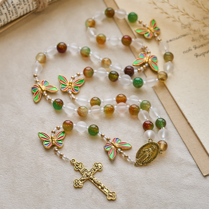 Christianartworkshop Chapelet papillon en malachite naturelle émaillée : Papillon de la Foi - Notre-Dame et le Crucifix - image 0